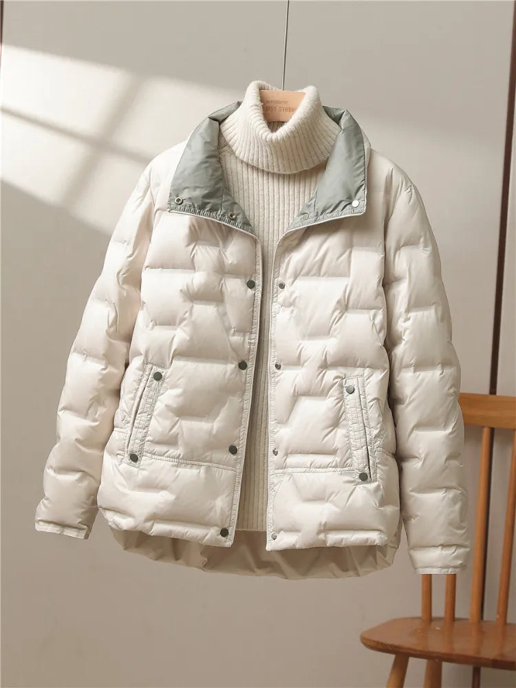 Autumn Winter Women White Duck Down Coat Casual Lapel Single Breasted Jacket Fashion Light Puffer Parka Outwear One-shoulder unclassified dresses