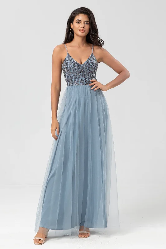 Chic Romantic A Line Spaghetti Straps Dusty Blue Long Bridesmaid Dress with Beading