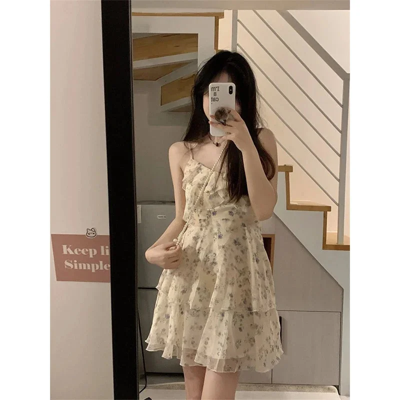 Znbbw Floral Mini Dress Women Korean Ruffles Spaghetti Strap One Pieces Dresses Vacation Beach Fashion Bodycon A Line Vestidos