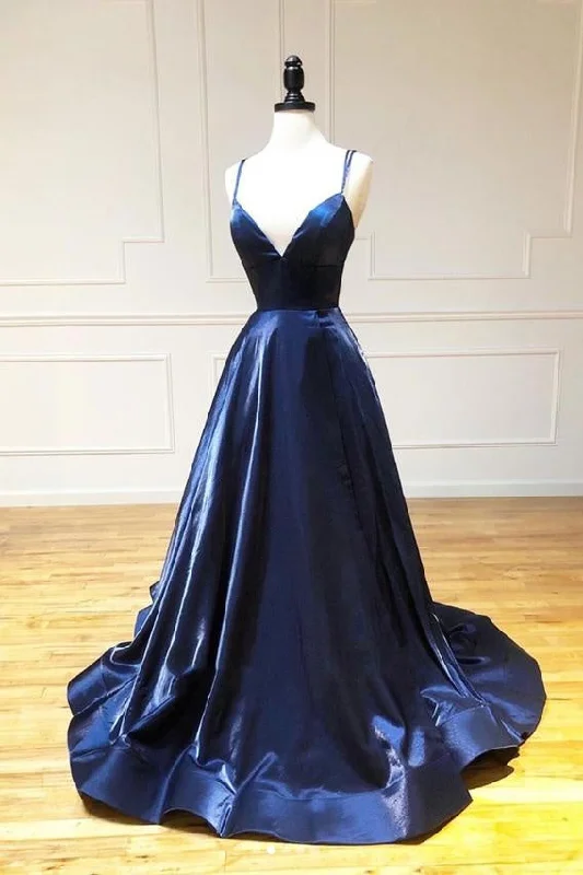 Spaghetti Straps Long V-Neck Navy Blue Prom Dress Y0401 A-line maxi dresses