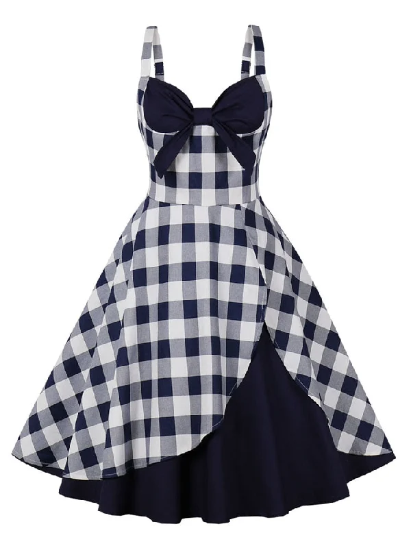 1950s Pinup Vintage Style Plaid High Waist Women Bow V-Neck Cotton A Line Retro Party Dress Flattering party dresses for all body types